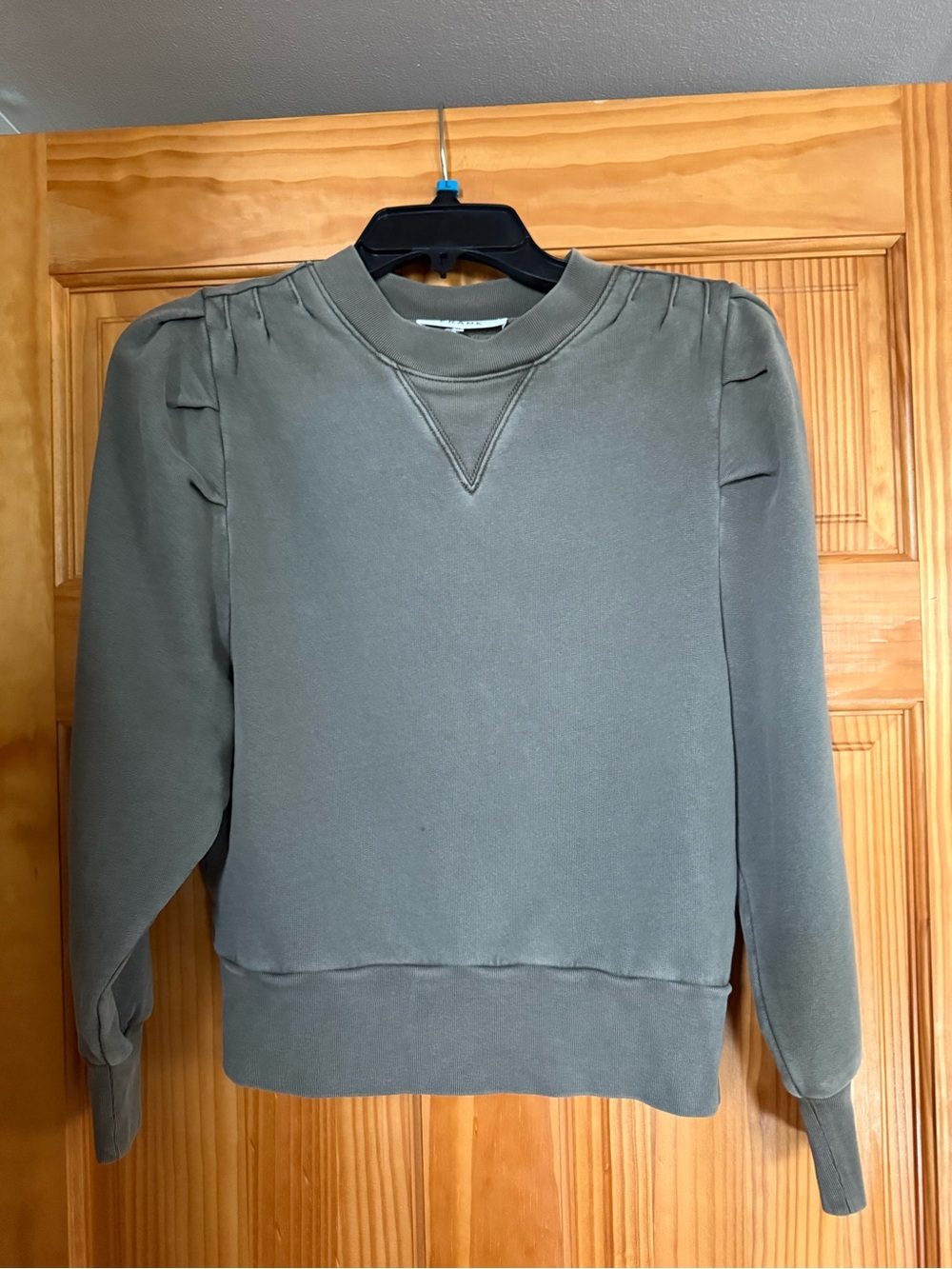 Frame Denim Olive Crewneck Sweatshirt with Subtle Shoulder Pleats